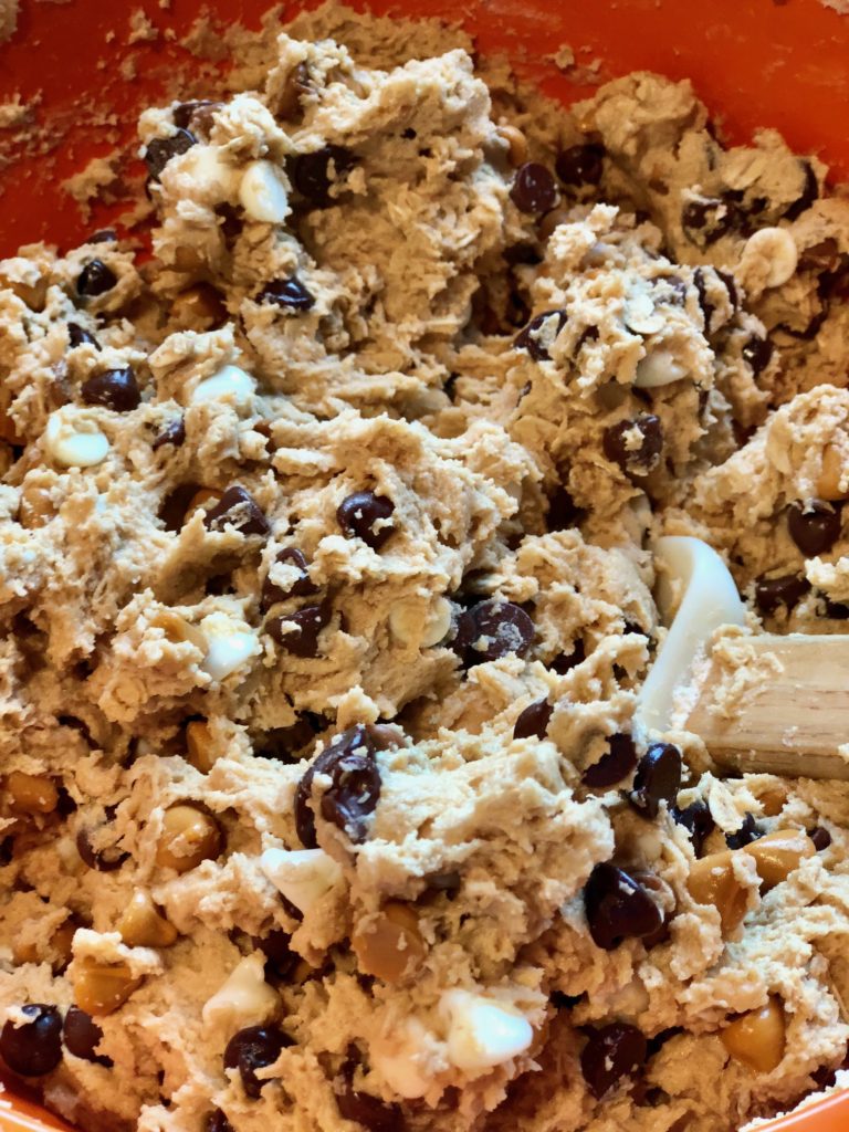 The best chocolate chip cookie dough mixed batter in a bowl ready to be baked. 