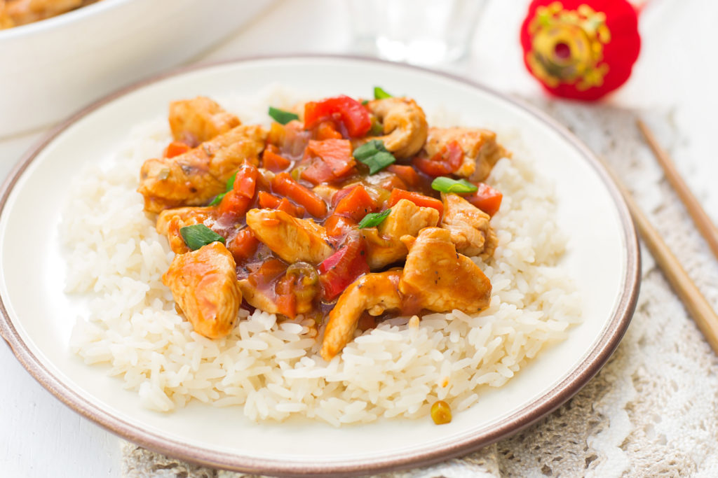 Weight Watchers Sweet & Sour Chicken on a bed of white rice