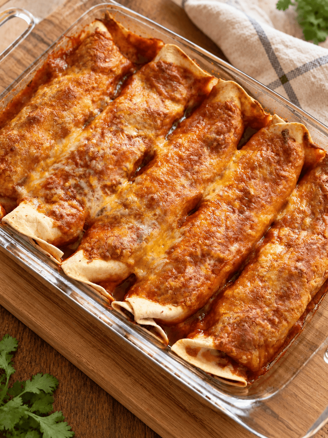 A glass pan of freshly bakes 2 point Weight Watchers enchiladas sits on a cutting board on a kitchen counter.