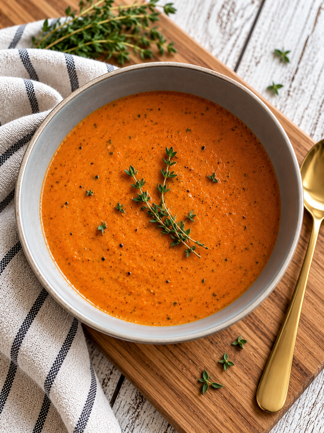 Creamy tomato basil dill soup made with roasted Roma tomatoes, fresh basil, and dill, served in a rustic bowl.