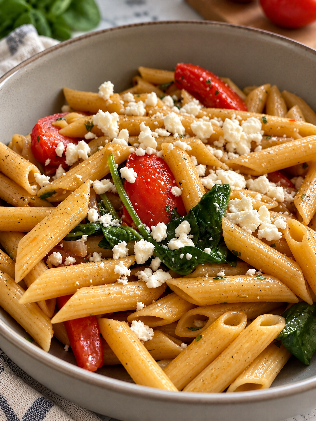 Copycat Noodles and Company Pasta Fresca with penne pasta, tomatoes, spinach, red onion, garlic, and feta cheese in a bowl.