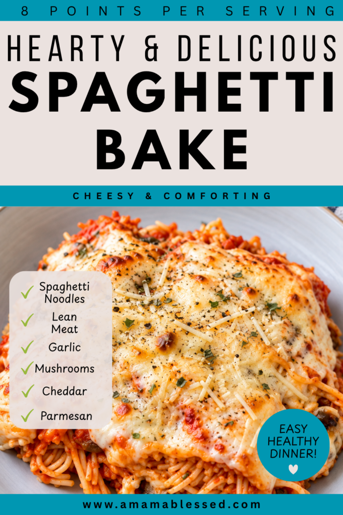 Cheesy baked spaghetti with tomato sauce, mushrooms, and melted Parmesan and mozzarella cheese in a ceramic dish, garnished with fresh parsley.