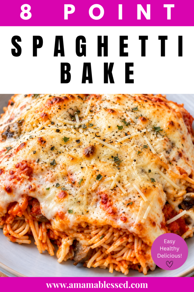 Cheesy baked spaghetti with tomato sauce, mushrooms, and melted Parmesan and mozzarella cheese in a ceramic dish, garnished with fresh parsley.