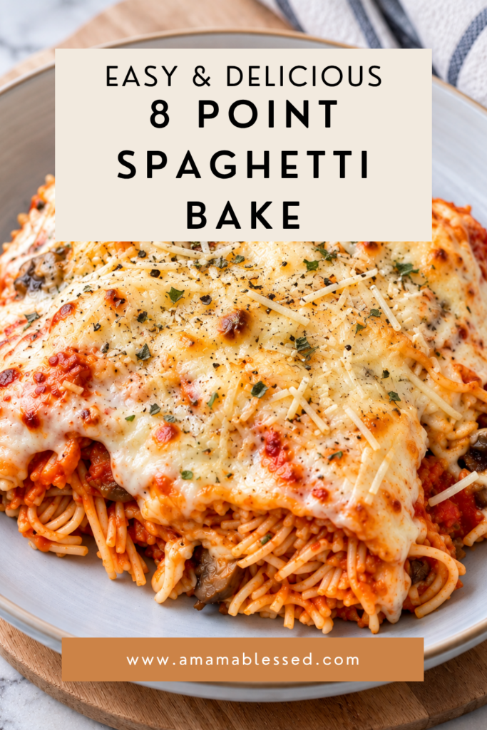 Cheesy baked spaghetti with tomato sauce, mushrooms, and melted Parmesan and mozzarella cheese in a ceramic dish, garnished with fresh parsley.