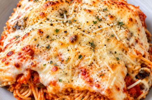 Cheesy baked spaghetti with tomato sauce, mushrooms, and melted Parmesan and mozzarella cheese in a ceramic dish, garnished with fresh parsley.