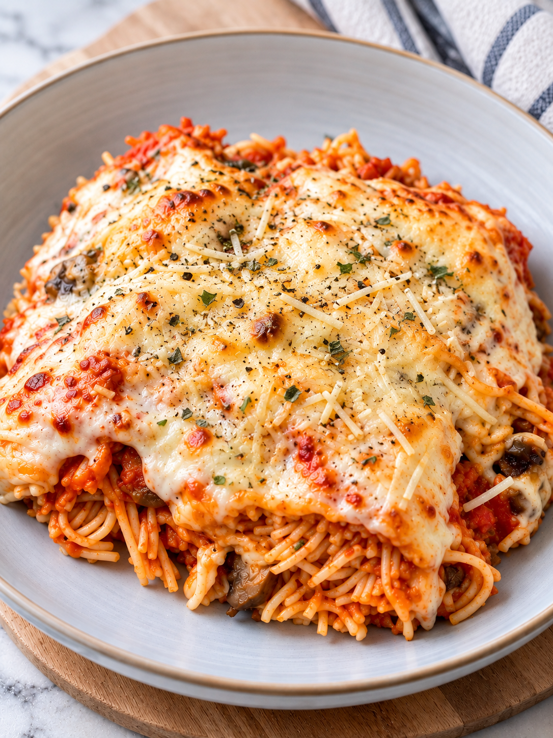 Cheesy baked spaghetti with tomato sauce, mushrooms, and melted Parmesan and mozzarella cheese in a ceramic dish, garnished with fresh parsley.