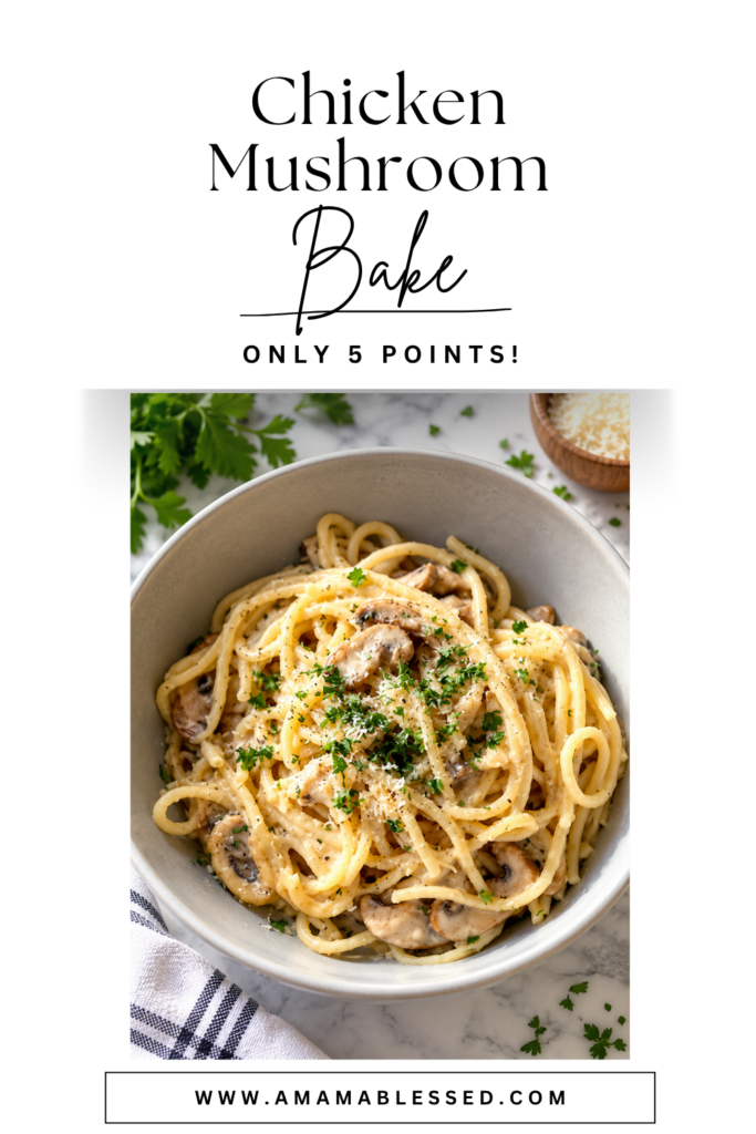Mushroom chicken baked topped with herbs sits in a gray bowl.