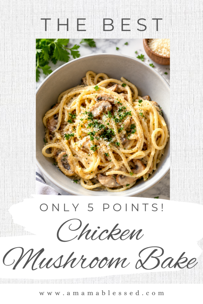 Freshly baked Mushroom chicken baked topped with parsley sits in a gray bowl.