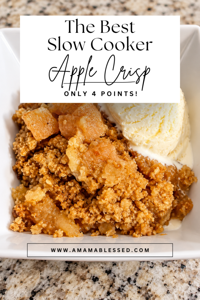 A serving of the best skinny slow cooker apple crisp sits in a white bowl with vanilla ice cream. 