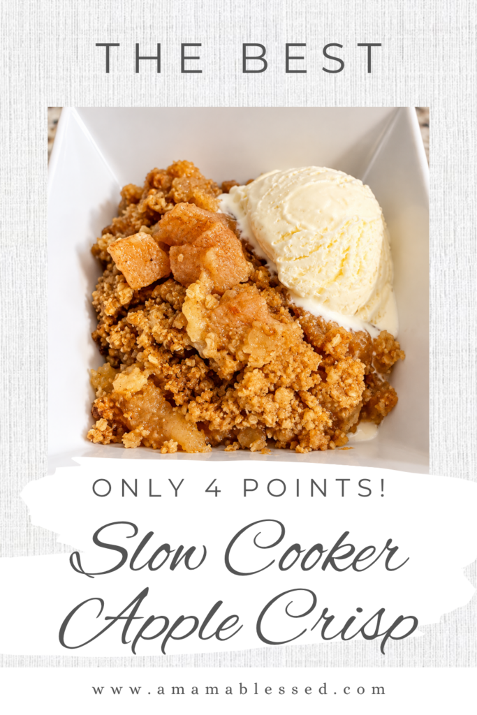 One serving of the best skinny slow cooker apple crisp sits in a white bowl with vanilla ice cream on a counter top. 