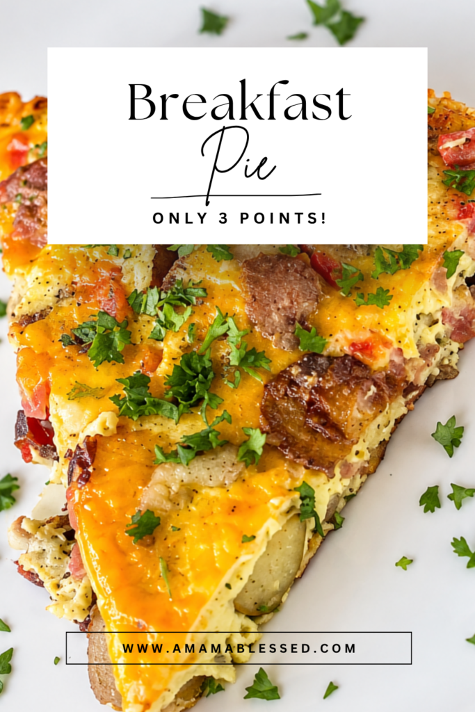 A slice of easy ham and potato breakfast bake topped with seasoning sits on top of a white plate. 