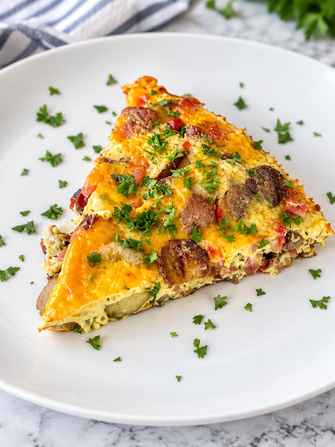A slice of easy ham and potato breakfast bake topped with parsley sits on a white plate.