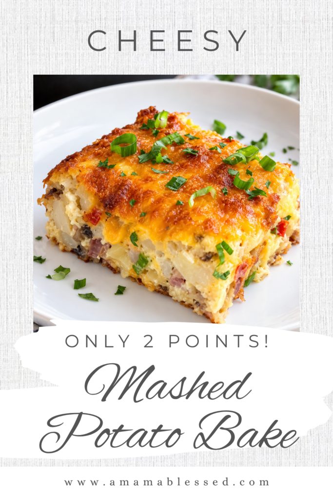 A slice of cheesy mashed potato bake topped with seasoning sits on top of a white plate. 