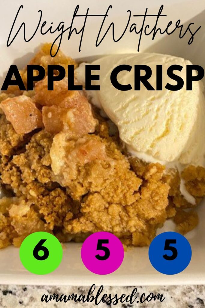 A Pinterest Pin showing The Best WW Slow Cooker Apple Crisp topped with ice cream. 