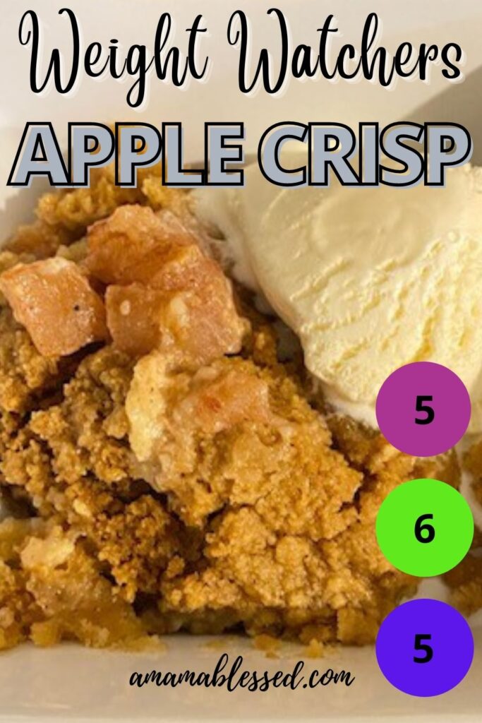 A Pinterest Pin showing The Best WW Slow Cooker Apple Crisp topped with ice cream. 