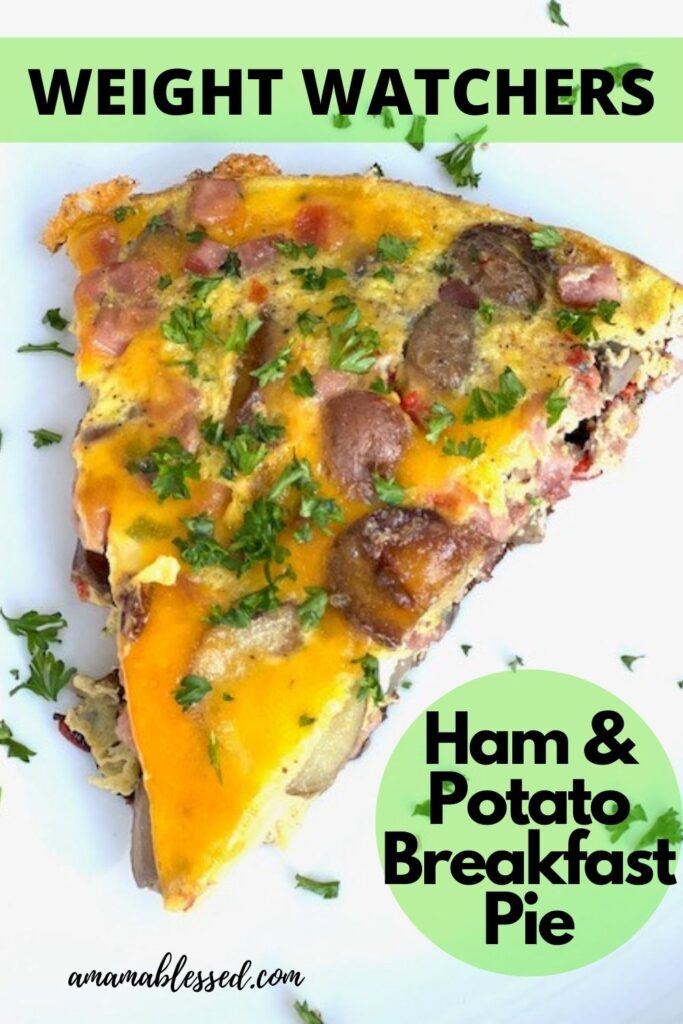 A slice of WW Ham and Potato Breakfast Pie sits on a white plate topped with parsley. 