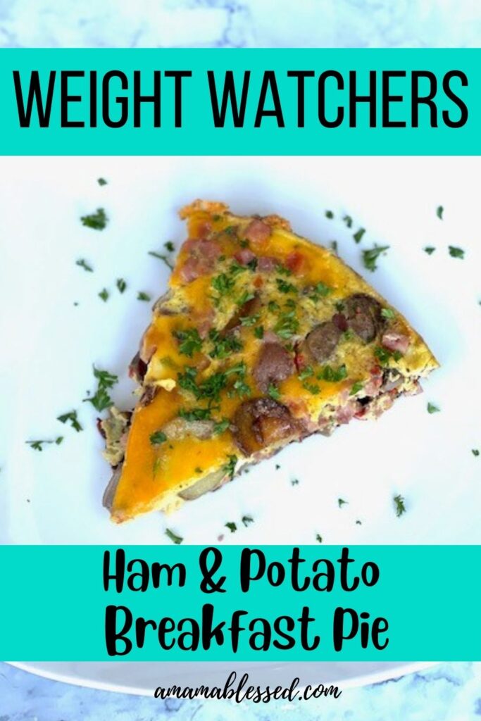 A slice of WW Ham and Potato Breakfast Pie sits on a white plate topped with parsley. 