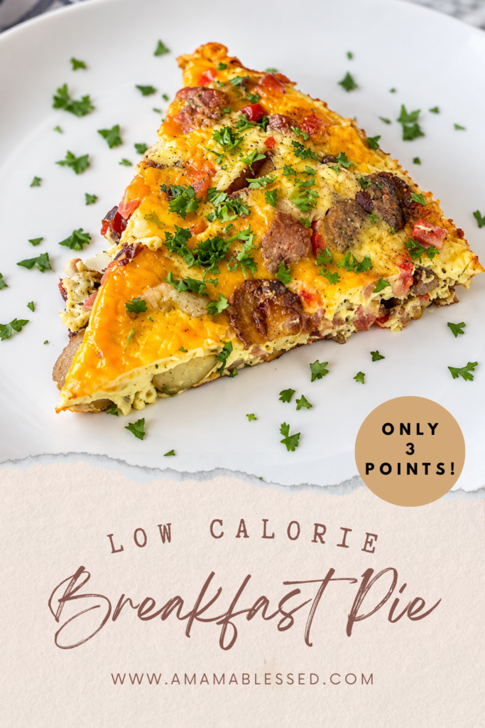 A slice of easy ham and potato breakfast bake topped with parsley sits on top of a white plate. 