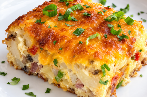 A serving of 1 point mashed potato bake topped with scallions sits on top of a white plate.