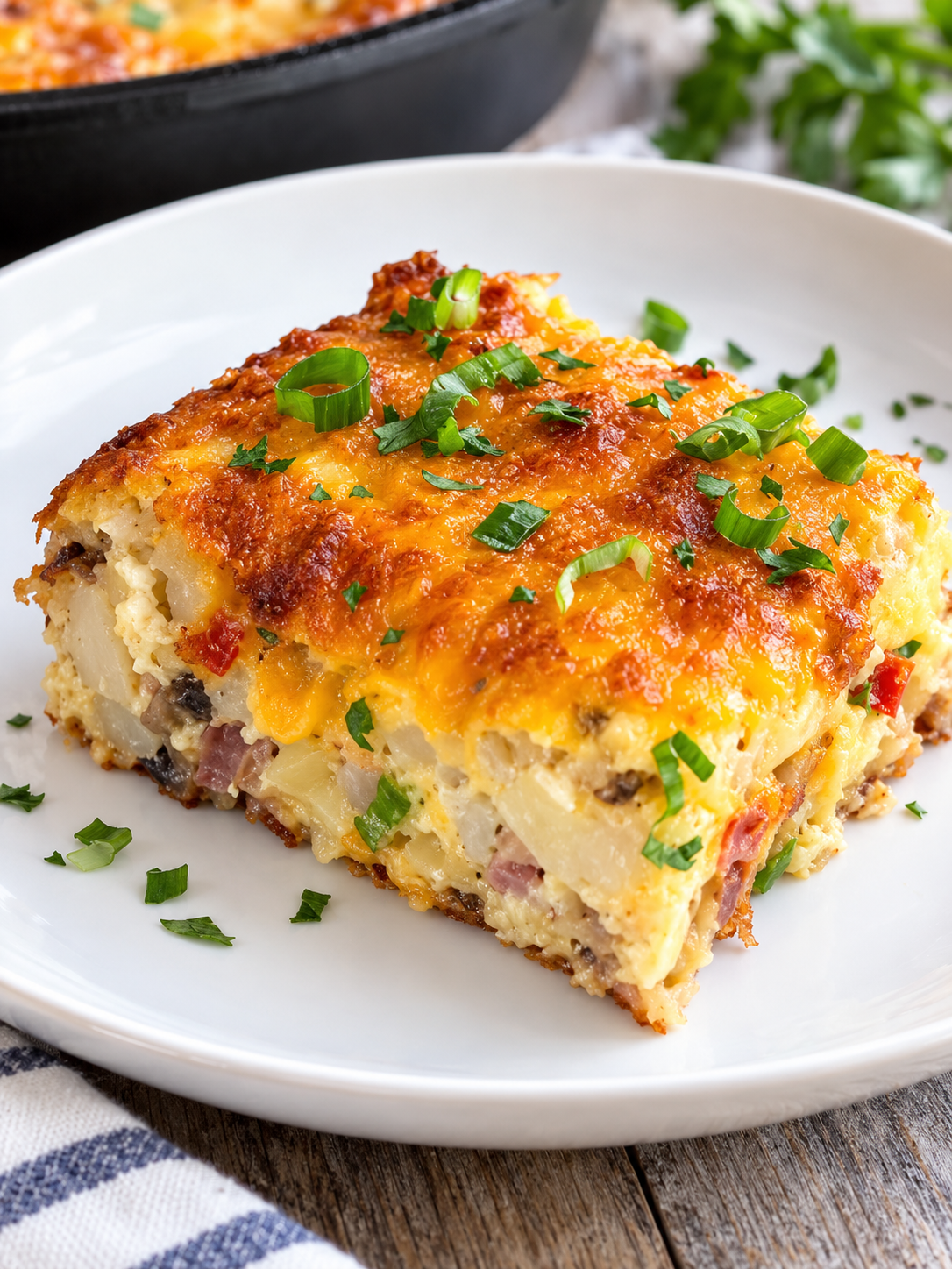 A serving of 1 point mashed potato bake topped with scallions sits on top of a white plate.