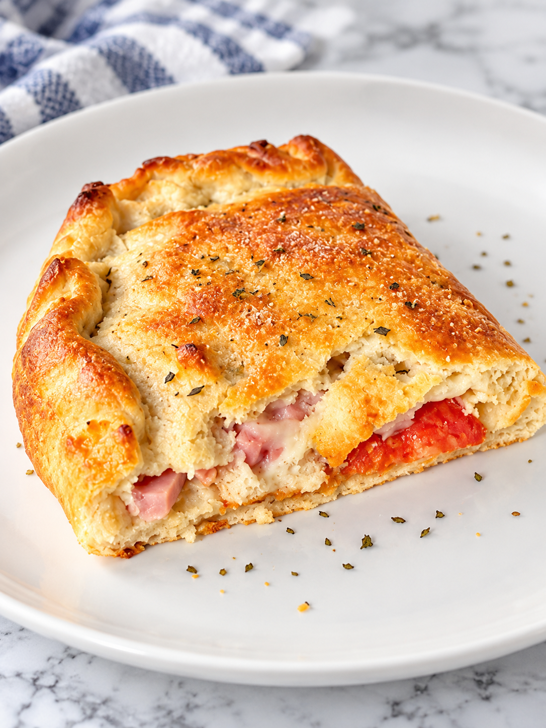 A baked ham and pepperoni calzone sits on top of a white plate.