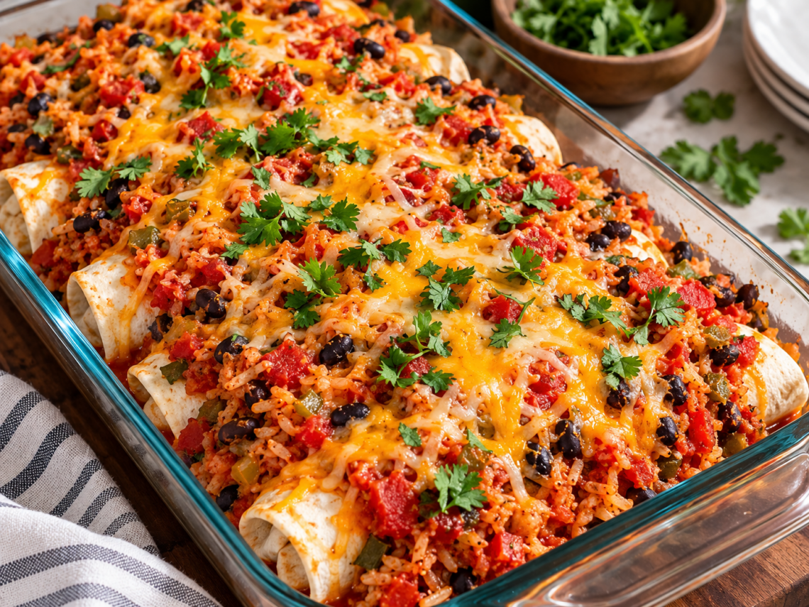A pan of baked burritos sits on a table.