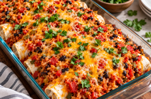 A pan of baked burritos sits on a table.