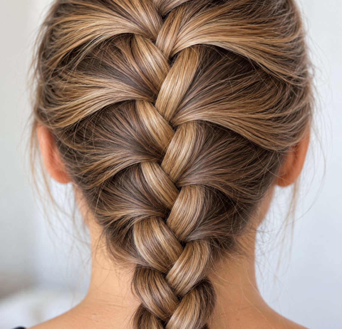 The back of a head is shown with a completed French braid.