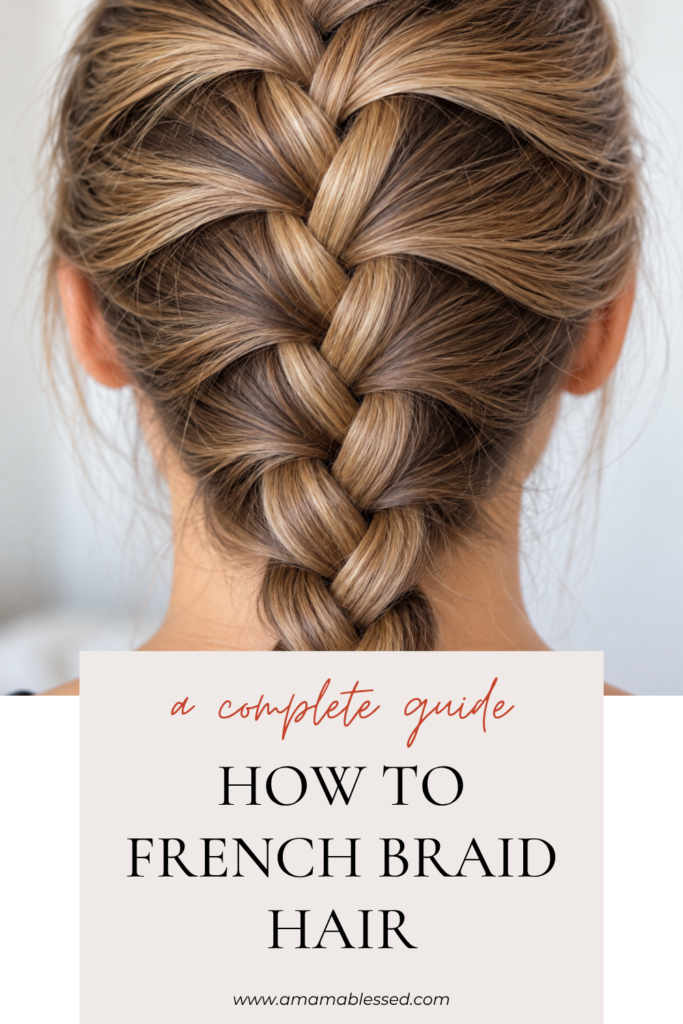 The back of a head is pictured showing a completed French braid. 