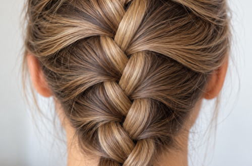 The back of a head is shown with a completed French braid.