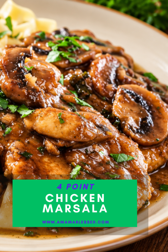 A close up of Chicken Marsala on a bed of egg noodles, topped with chopped parsley.