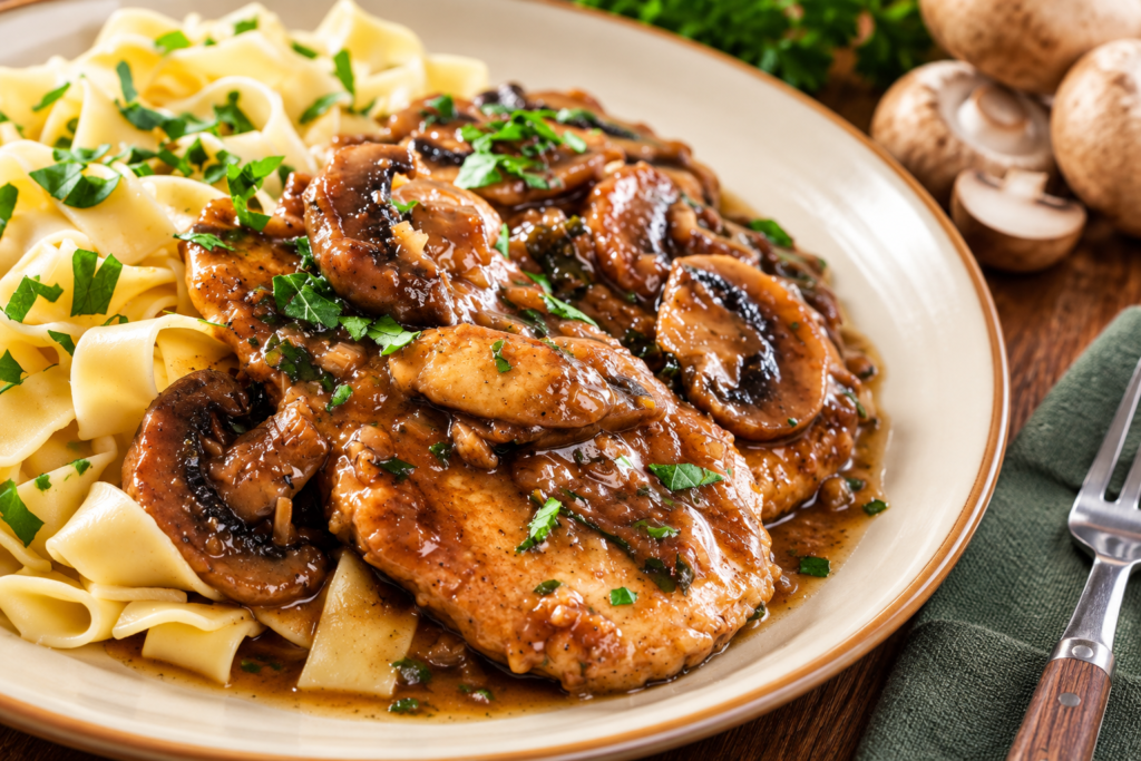 Chicken Marsala sits on top of a bed of egg noodles topped with parsley on a plate.