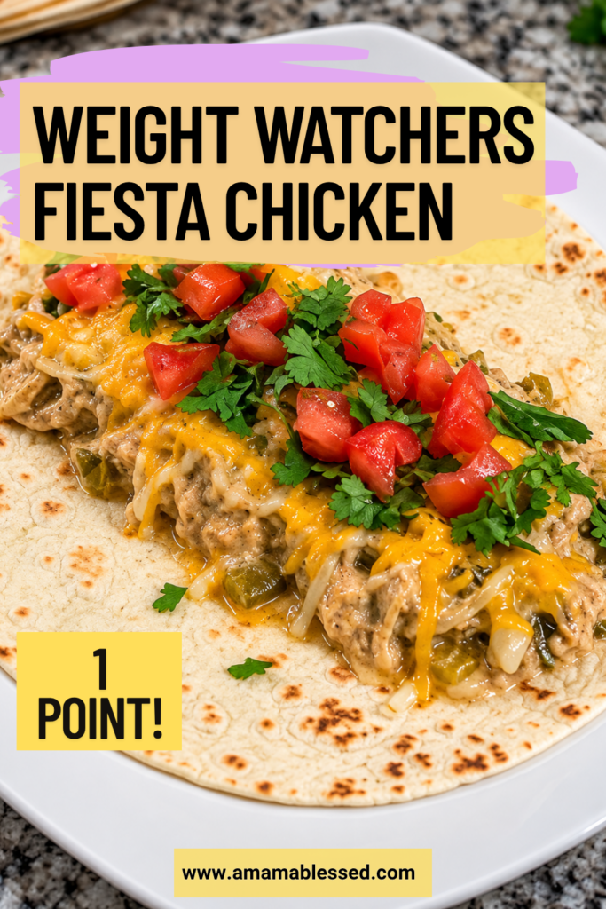 A close up of Weight Watchers Fiesta Chicken on top of a tortilla on a white plate. 