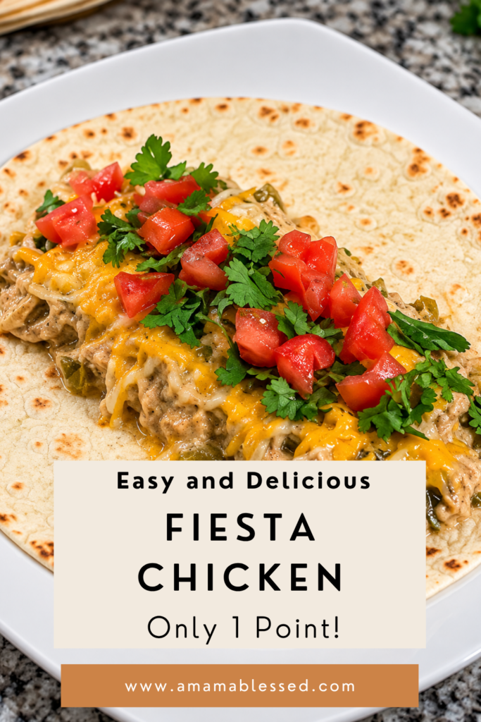 Weight Watchers Fiesta Chicken sits on top of a tortilla and is topped with tomatoes and cilantro. 