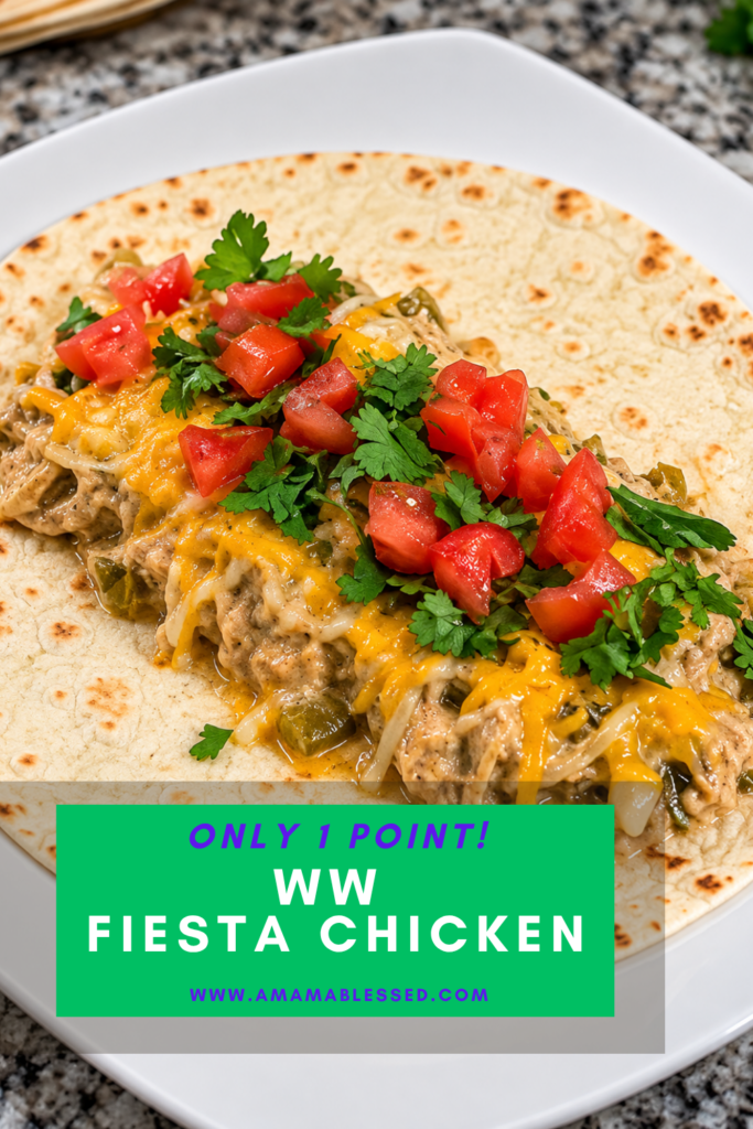 Fiesta chicken sits on a tortilla topped with tomatoes and cilantro on a white plate. 