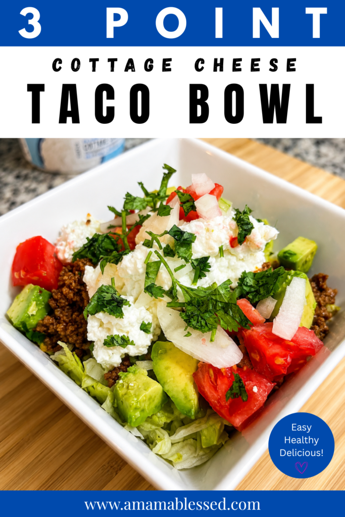 A cottage cheese taco bowl sits on top of a cutting board. 