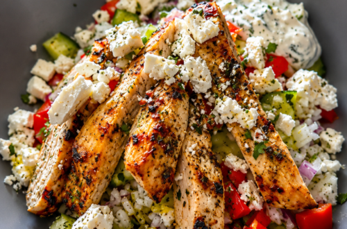 A Greek chicken bowl sits on a table looking down on it.