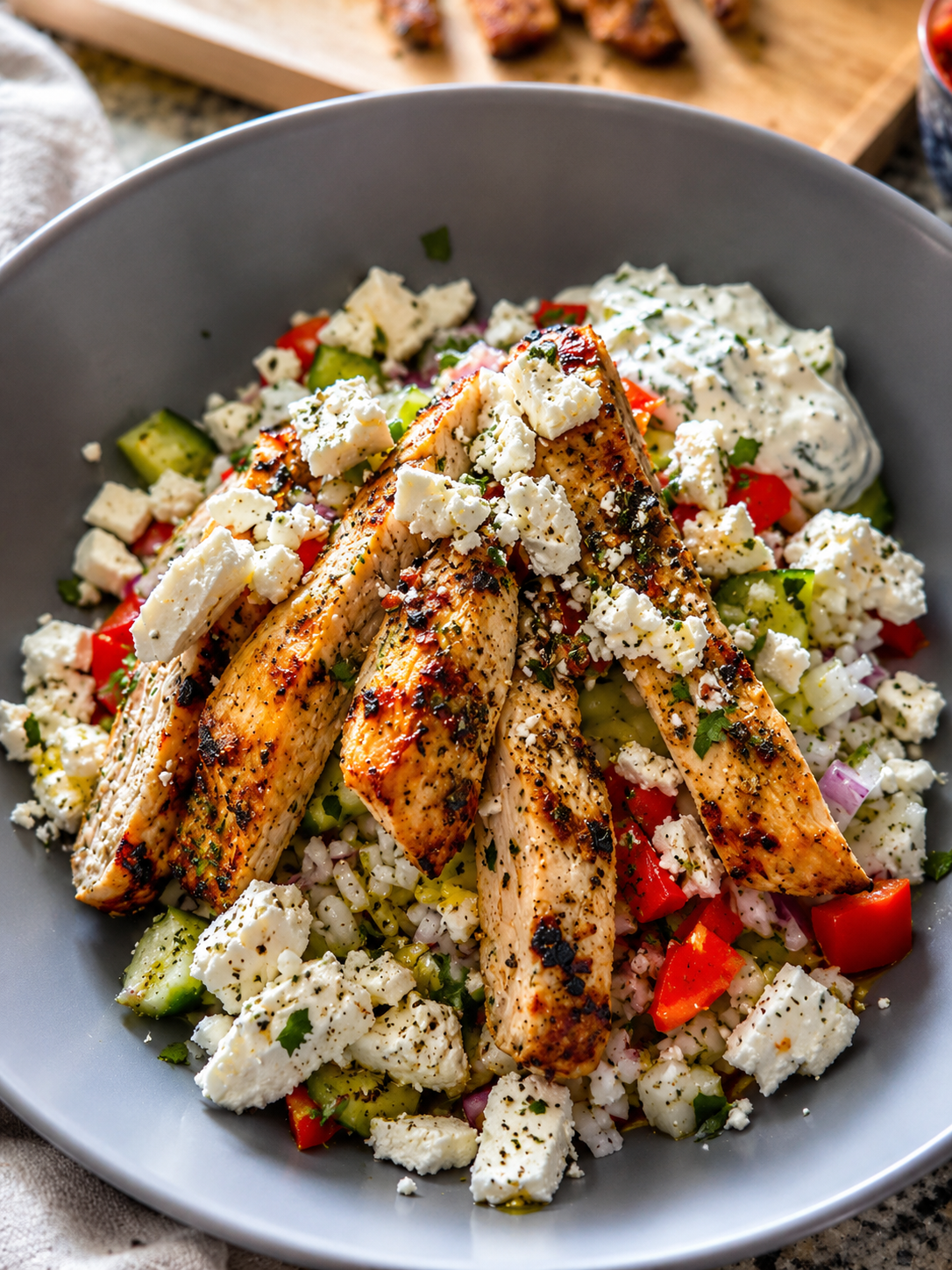 A Greek chicken bowl sits on a table looking down on it.
