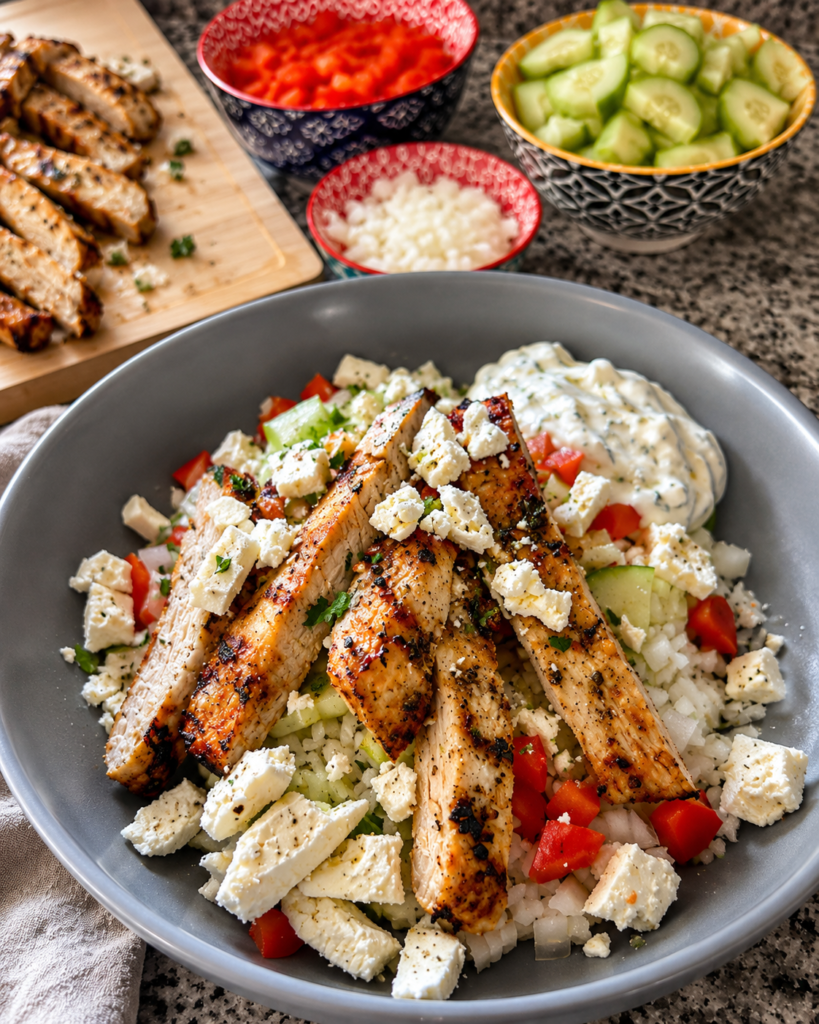 A bowl filled with rice, chicken, cucumbers, red peppers, onion, feta and tzatziki sits on a table surrounded by leftover ingredients.