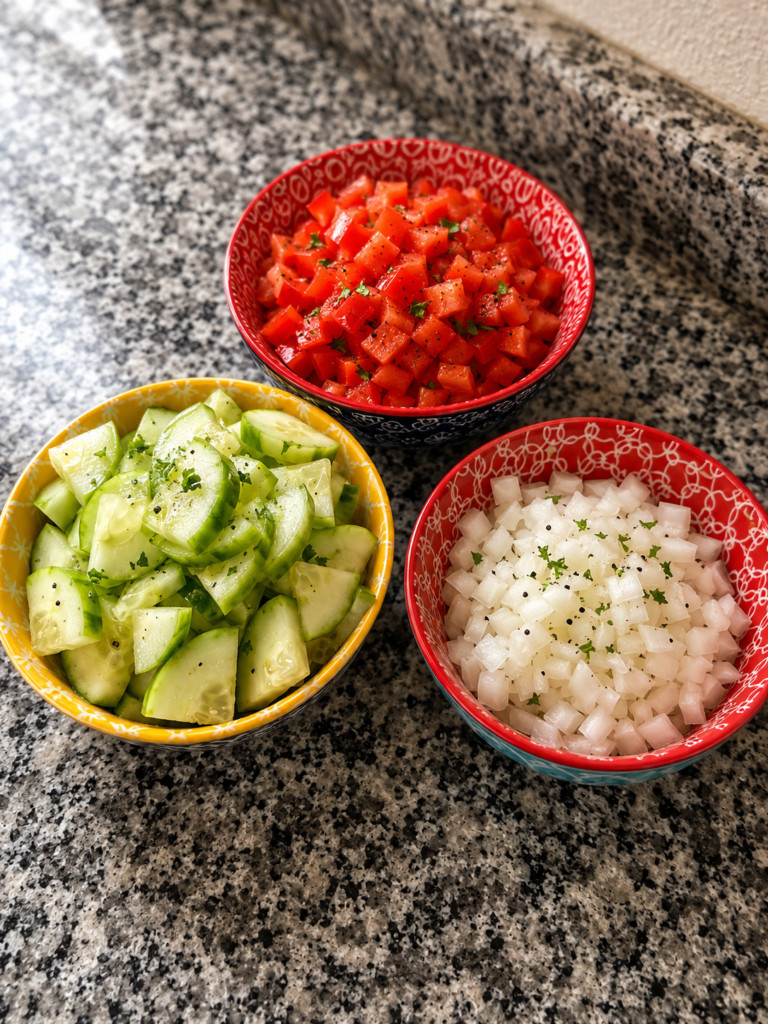 Cucumbers, red peppers, and onions, cut up in separate bowls on a counter. 