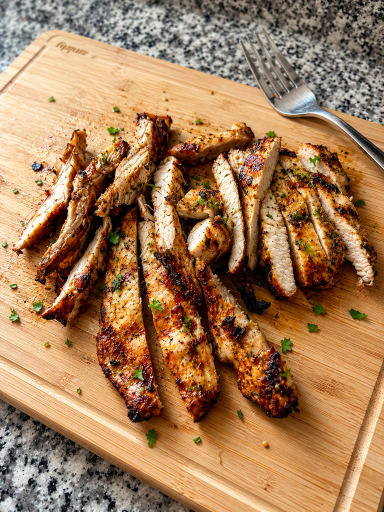 Sliced grilled chicken on a wooden cutting board. 