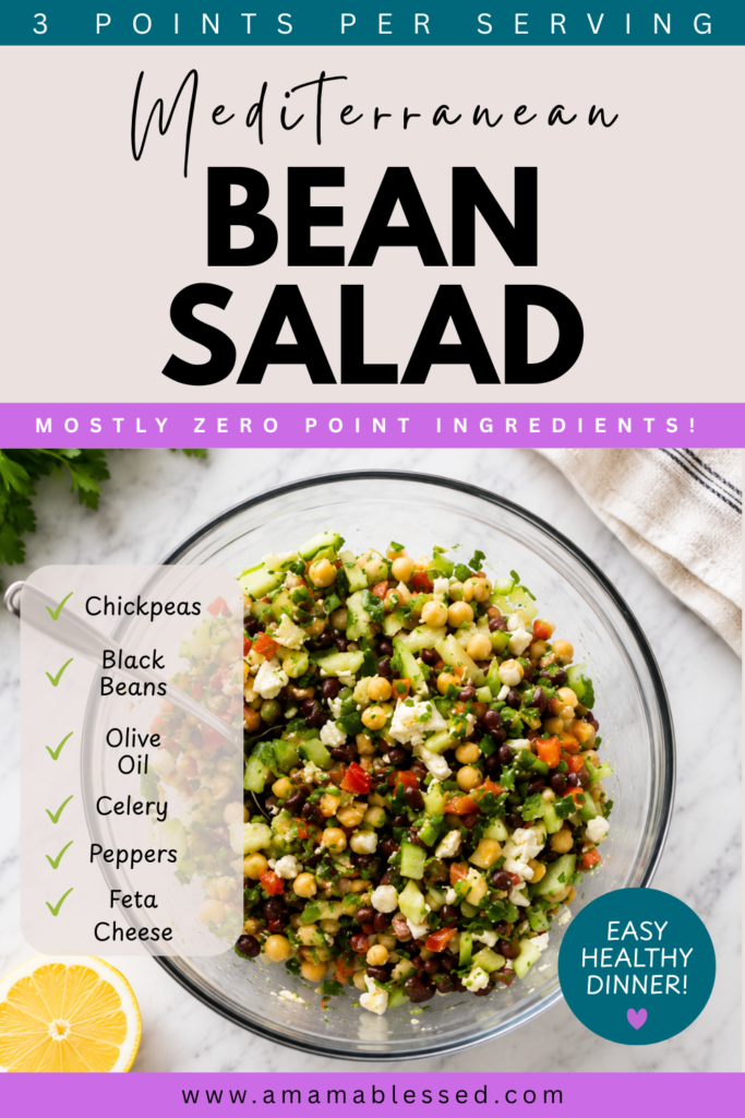 A bowl of bean salad sits on a countertop next to a lemon wedge, kitchen towel, and parsley. The wording says Mediterranean bean salad, 3 points per serving, easy, healthy dinner, with mostly zero point ingredients. 