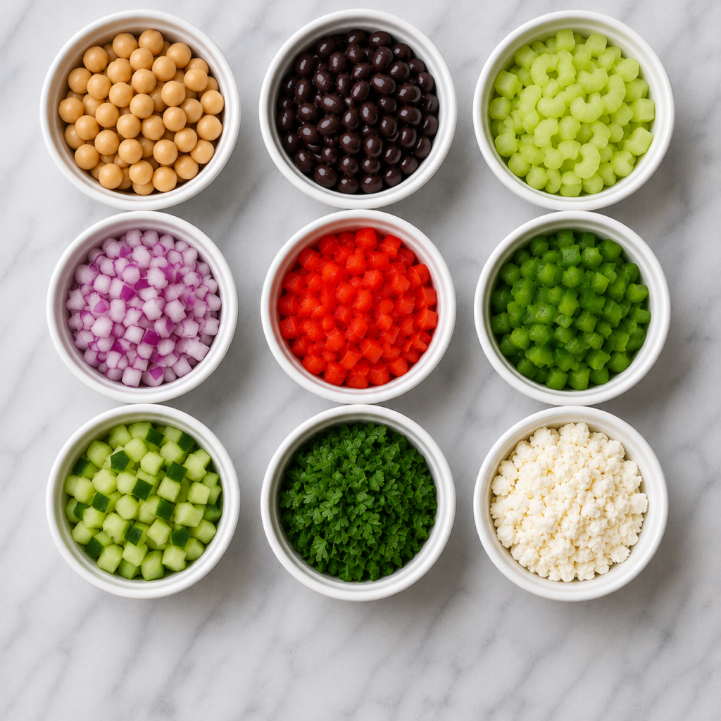 Bowls of salad ingredients (chickpeas, black beans, celery, purple onion, red and green peppers, cucumbers, parsley and feta) sit on a table. 