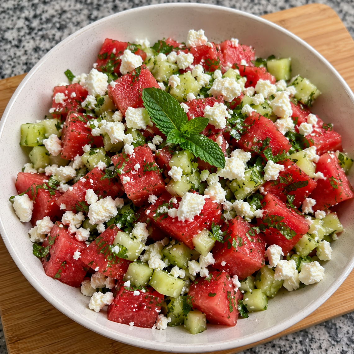A watermelon salad with mint, cucumbers, and feta cheese is in a bowl sitting on a wooden cutting board on a counter.