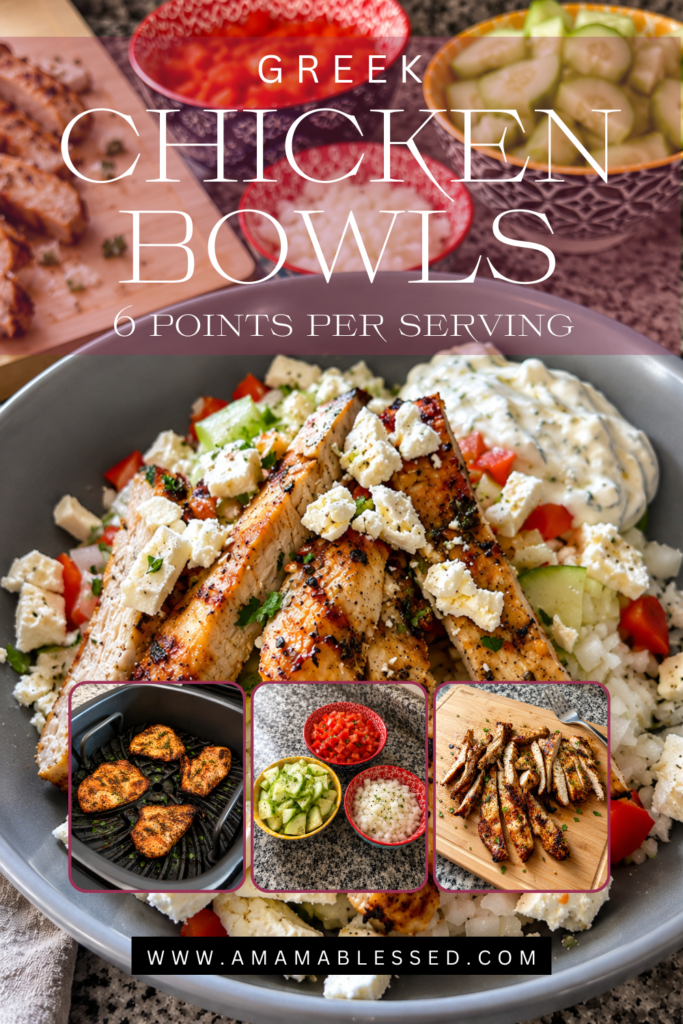 A decorative pinterest pin advertising the Greek Chicken Bowls. 