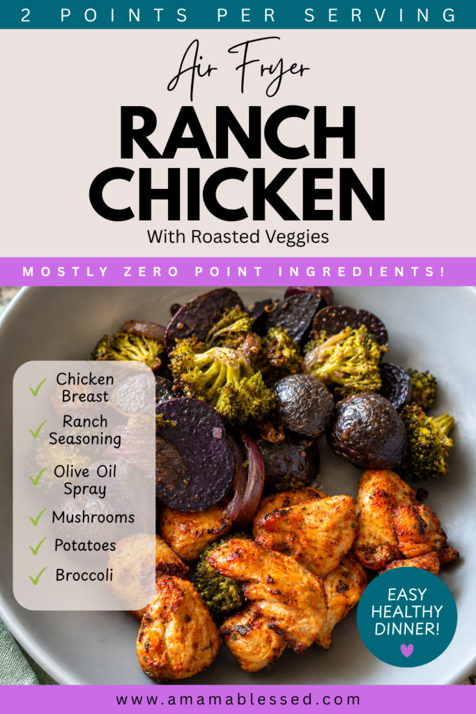 Air Fryer Ranch Chicken sits in a gray bowl with roasted vegetables.