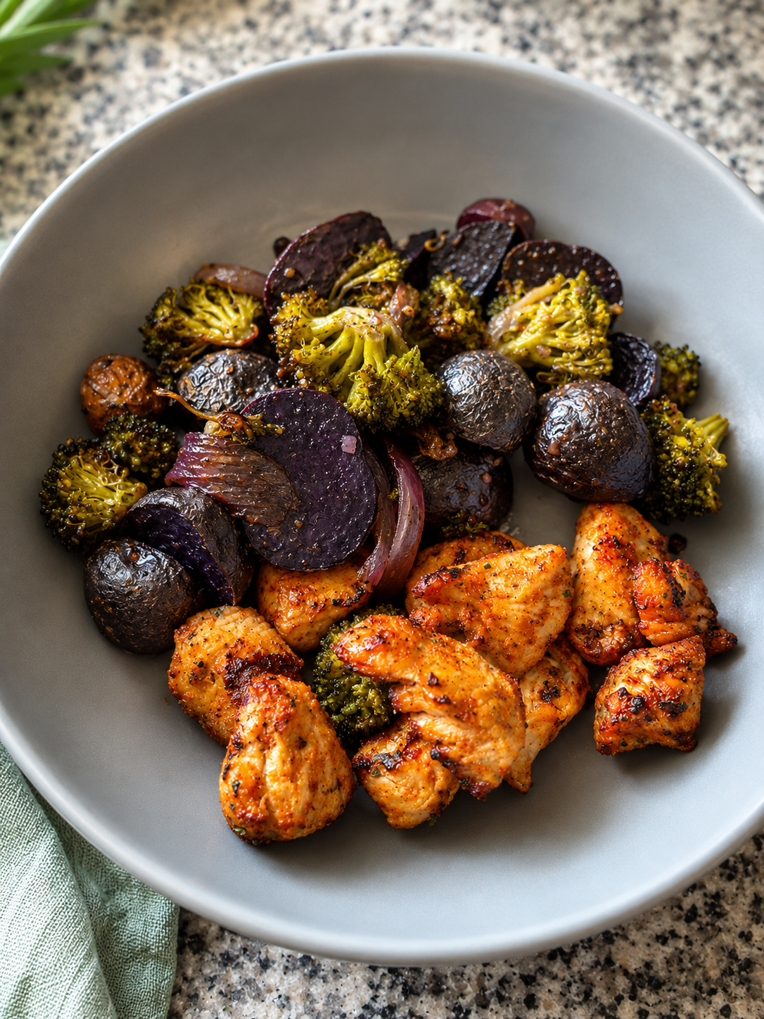 Crispy air fryer chicken and roasted broccoli, mushrooms, onions, and purple potatoes in a grey bowl on a counter.