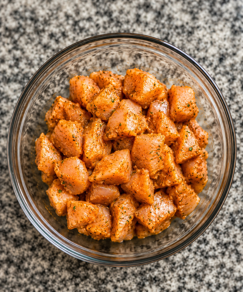 Raw, seasoned chicken in a clear bowl on a countertop. 