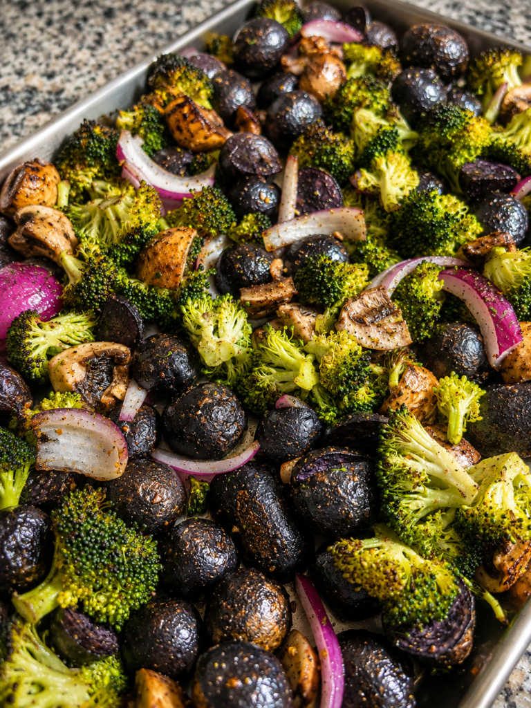 Roasted purple potatoes, red onions, mushrooms, and broccoli on a sheet pan on top of counter top.