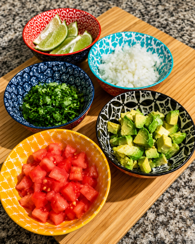 avocados, onions, cilantro, tomatoes, and limes sit in bowls on top of a cutting board. 